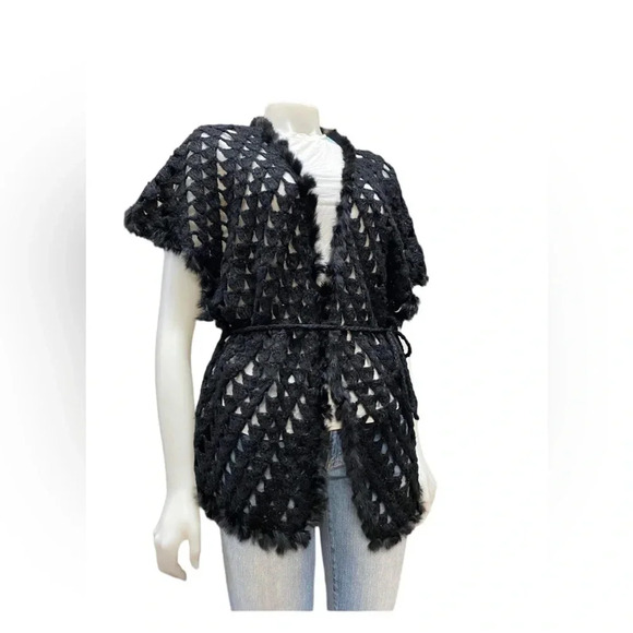 La Cite Rabbit Fur Wool Black Open Short Sleeve Cardigan Size Large - Picture 4 of 11